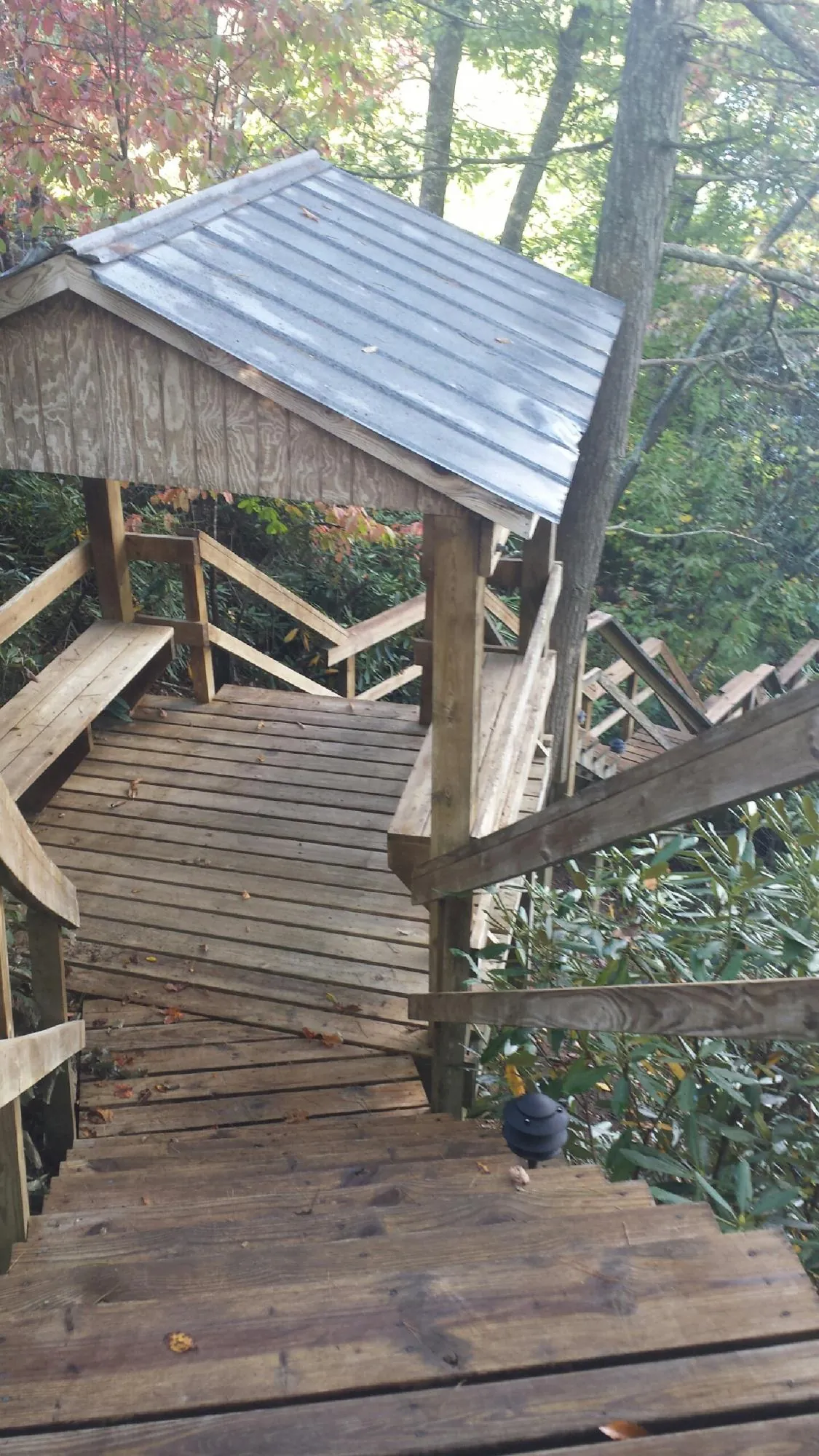 Metal roofed shelter over wooden steps on a wooded walkway — Skylight Repair & Installation work by our crew in Hankamer